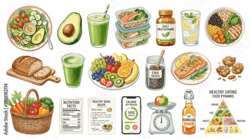 Healthy food and meal planning set with avocado, smoothies, sandwiches, salad, menu and nutrition items in colorful hand drawn style isolated on white background