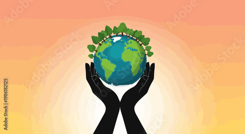 Hands cradling our vibrant planet, adorned with lush trees, symbolizing global environmental protection and a sustainable future