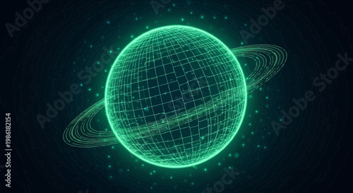 Digital wireframe planet with vibrant glowing rings, illustrating global technology, data networks, and futuristic communication in an abstract cosmic setting