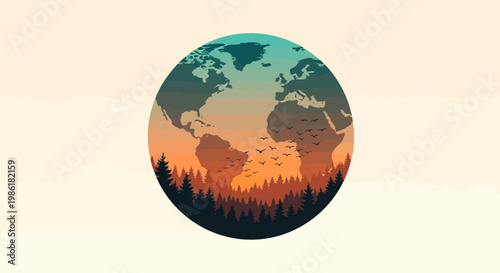 Conceptual flat design illustration of Earth, showing a dense forest and birds against a gradient sky, symbolizing global ecosystems and environmental sustainability