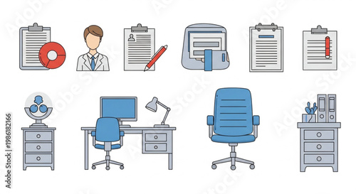 3d cartoon illustration of a businessman sitting at an office desk with a laptop and computer furniture in a professional room interior meeting set of business and finance icons