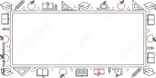 School supplies frame with apples and graduation caps creates a whimsical border for educational content.
