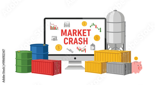 A financial market crash illustration features a computer monitor surrounded by colorful shipping containers and oil barrels on a clean white background.