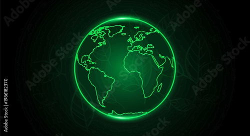 Vibrant Neon Green Earth Illustration with Subtle Leaf Background