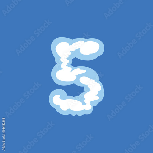 Creative cloud-style editable vector number 5. Soft puffy white text effect on blue background. Professional EPS for sky-themed graphic designs and numeric layouts. White Puffy Cloud Vector Number 5.