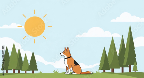 A fun cartoon vector illustration of a dog and cat playing in a nature landscape forest with trees, grass, and farm animals like a horse and cow