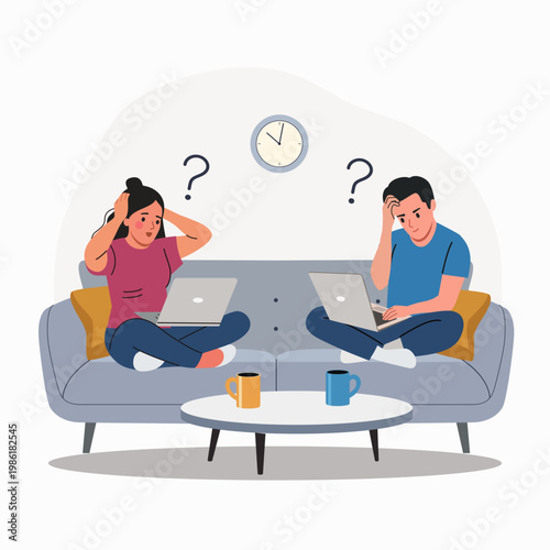 Couple confused while working from home on laptops, problem and misunderstanding concept. Flat style cartoon vector illustration.