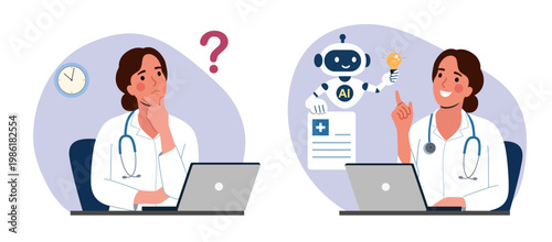 Doctor using artificial intelligence for medical diagnosis, AI assistant helping healthcare professional, problem solving concept. Flat style cartoon vector illustration.