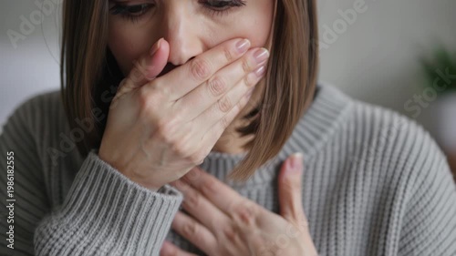 Woman covers her mouth with her hand, coughing.