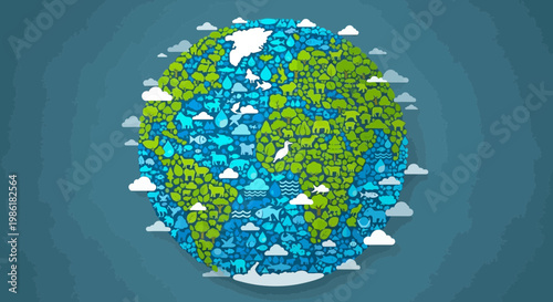 Abstract Earth globe crafted from a mosaic of blue and green nature-related symbols, highlighting environmental preservation and the beauty of our planet's living systems