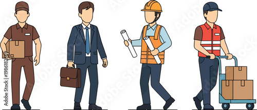 Diverse workers including delivery person, businessman, engineer, and mover stand together representing professional.