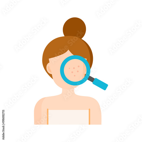 Acne and skin problems in a woman viewed through a magnifying glass.