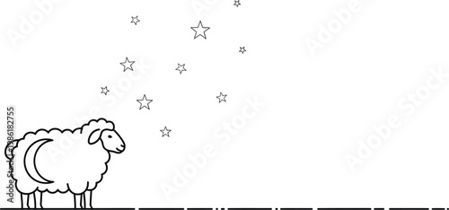 Sheep under a starry night sky with a crescent moon on its wool is a symbol of peaceful sleep and counting.