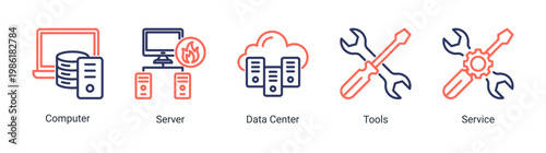 Server environment icon set with data center,server,and service elements.Ideal for cloud computing and IT infrastructure designs.