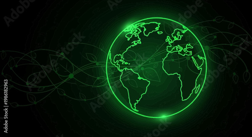 Glowing green Earth globe with abstract organic leafy patterns on a dark background