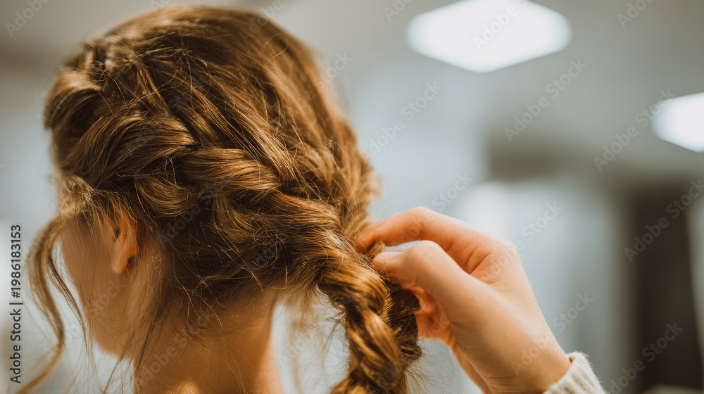 Naklejka premium Woman with beautifully braided hair being styled in a modern salon environment. Soft lighting highlights the intricate details of the braid and the natural brown hair color