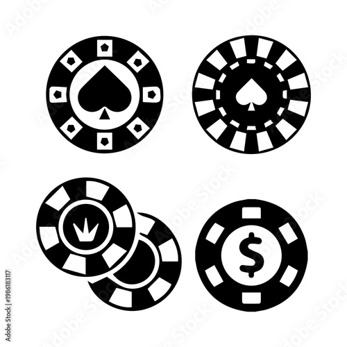 Four black and white poker chips with different casino symbols