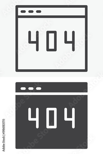 Error 404 webpage icon set with browser window and code text. Line, outline and solid icon versions. Editable stroke vector sign, symbol. Error 404 icon for web page twice.