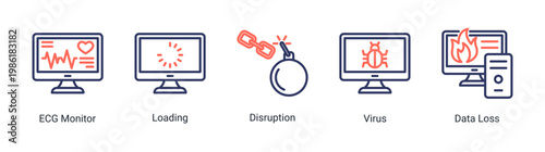 System alert icon set featuring monitoring,errors,and disruptions.Perfect for system performance and risk management visuals.
