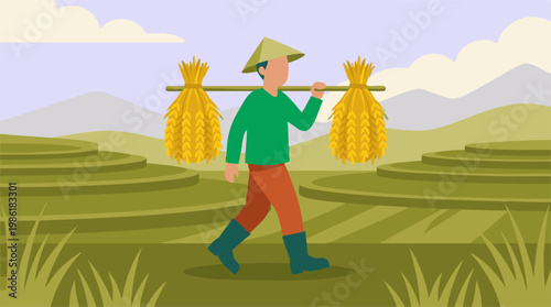 Asian Farmer Carrying Harvested Rice Bundles in Terraced Paddy Fields