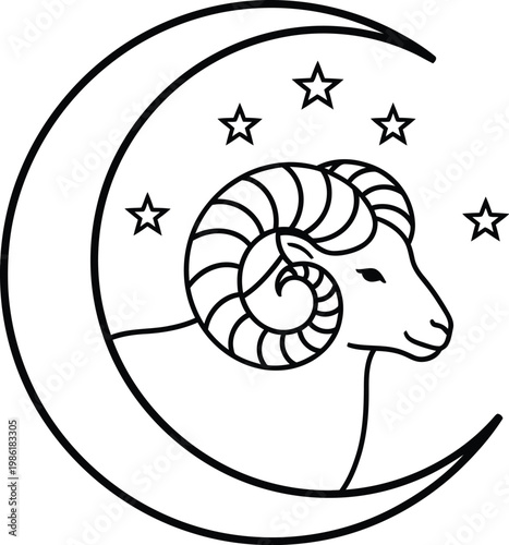 Ram head with curled horns emerging from a large crescent moon surrounded by twinkling stars in a zodiacal.