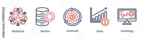 Recovery action icon set featuring restoration,continuity,and emergency response concepts.Suitable for disaster recovery and safety visuals.