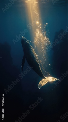 Humpback whale swimming in deep blue ocean under shining sun light. Biblical creation of aquatic life on day five. Concept of majestic sea creature and divinity in natural wonders.