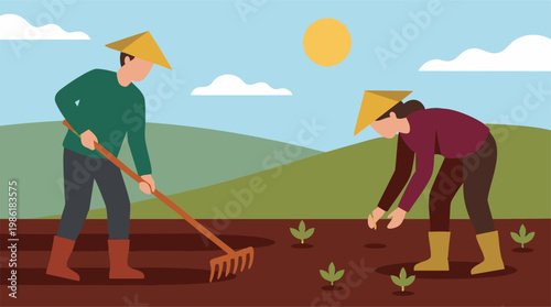 Farmers cultivating land, planting seedlings and raking soil in field