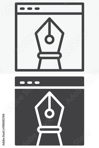 Browser window and vector drawing tool icon set. Line, outline and solid icon styles. Editable stroke vector sign, symbol. Browser drawing icon for design twice.
