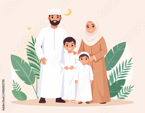 Happy Muslim Family Posing Together in Traditional Attire.
