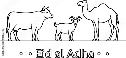 Cow, goat, and camel are outlined, symbolizing animals for Eid al-Adha sacrifice and celebration.