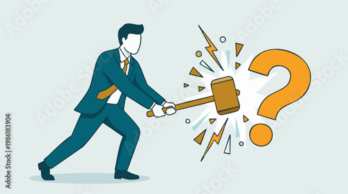 Businessman Hitting Question Mark with Hammer, Problem-Solving Concept
