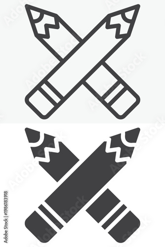 Crossed pencils icon set for drawing and sketch tools. Line, outline and solid icon styles. Editable stroke vector sign, symbol. Crossed pencils icon for art twice.