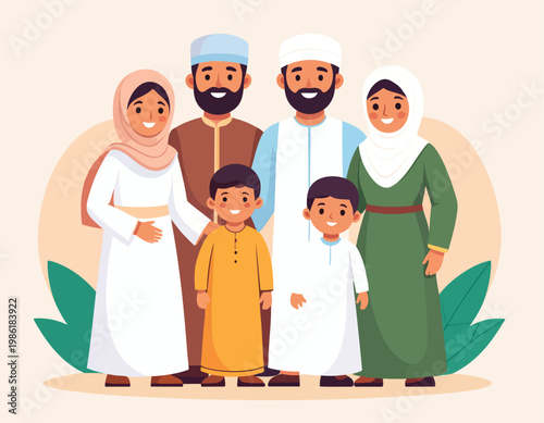 Happy Muslim Family Posing Together in Traditional Attire.