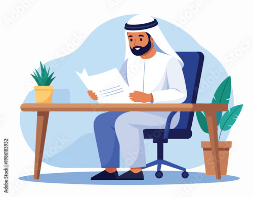 Arab Man Working at Desk Reading Document.