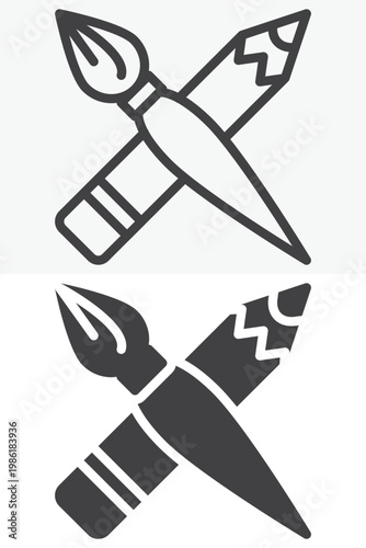 Crossed pencil and paint brush icon set for art tools. Line, outline and solid icon styles. Editable stroke vector sign, symbol. Pencil brush icon for creativity twice.