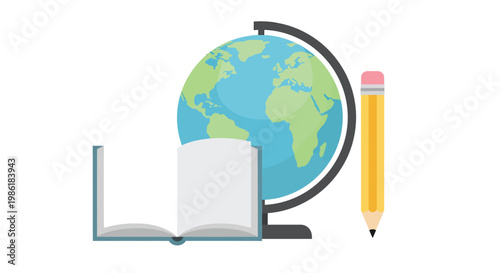 Globe, open book, and pencil represent education and global knowledge acquisition for learning.