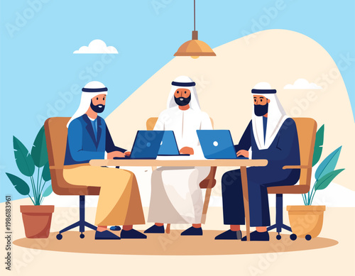 Three Arab business men working on laptops in a modern office.