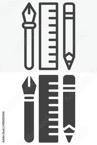 Design tool icon set with ruler, pencil and pen shapes. Line, outline and solid icon styles. Editable stroke vector sign, symbol. Design tool icon for graphics twice.