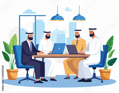 Four Arab businessmen working together on laptops in a modern office environment.