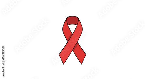 A vibrant red awareness ribbon with a precise black outline and subtle internal shading is positioned centrally against a pristine and clean white background.