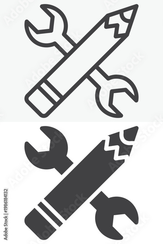Crossed wrench and pen tool icon set combining repair and design. Line, outline and solid icon styles. Editable stroke vector sign, symbol. Wrench pen icon for tools twice.