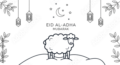 Outline illustration of a sheep on a hill with Eid al-Adha Mubarak text and celestial accents.