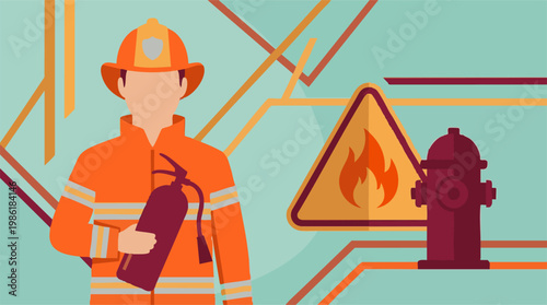 Fire safety concept with firefighter, extinguisher, and fire hydrant