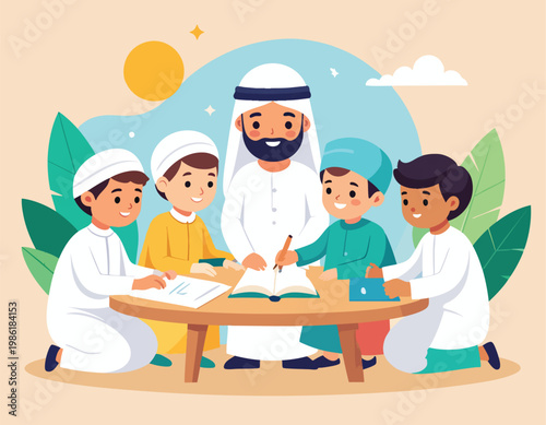 Islamic Education Class with Teacher and Students Studying Together.