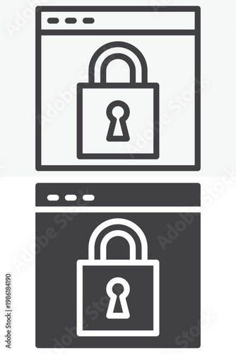 Website protection icon set with lock and browser shield. Line, outline and solid icon styles. Editable stroke vector sign, symbol. Website protection icon for security twice.