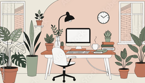 A minimalist illustration of a home office with a desk, chair, computer, and many plants
