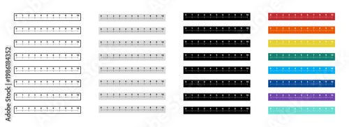 NUMBER LINE RULERS 0-10 IN MULTIPLE COLORS. EDUCATIONAL MATH TEMPLATE SET WITH HORIZONTAL SCALES. VECTOR GRAPHIC ELEMENTS FOR TEACHING AND DESIGN