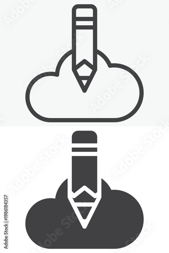 Pen tool and cloud computing icon set for online design. Line, outline and solid icon styles. Editable stroke vector sign, symbol. Cloud pen icon for web twice.