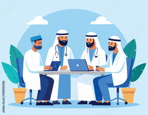 Arab Muslim Doctors Having Medical Consultation and Discussion Using Laptop in Office Flat Vector Illustration.